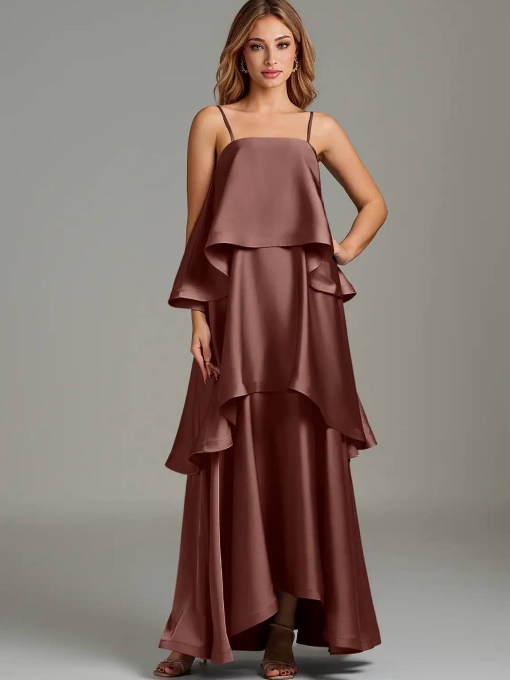 Azazie Brown High-Low Satin Ruffle Maxi Dress